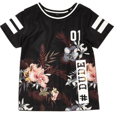 Mini boys black floral mesh T-shirt